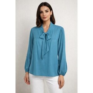 DKNY Women Teal Blue Tie Neck Bow Blouse Long Sleeve Top UG2TY102 NEW